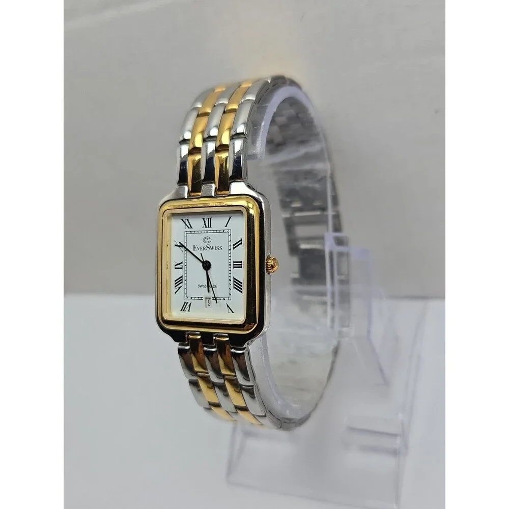 EverSwiss Womens Two Tone Gold Silver Tank 26mm Dress Date Watch New Battery